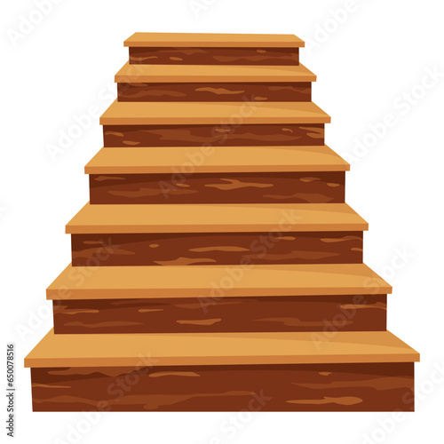 Game castle stairs in cartoon style. Medieval ancient ladder flights without railings, wood step treads and rock risers with cracked details. Vector staircase isolated on white background