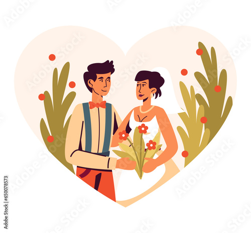 Young man hugging beautiful bride. Happy couple celebrating wedding outdoors in summer. Beautiful wedding couples in park. Vector illustration in cartoon style