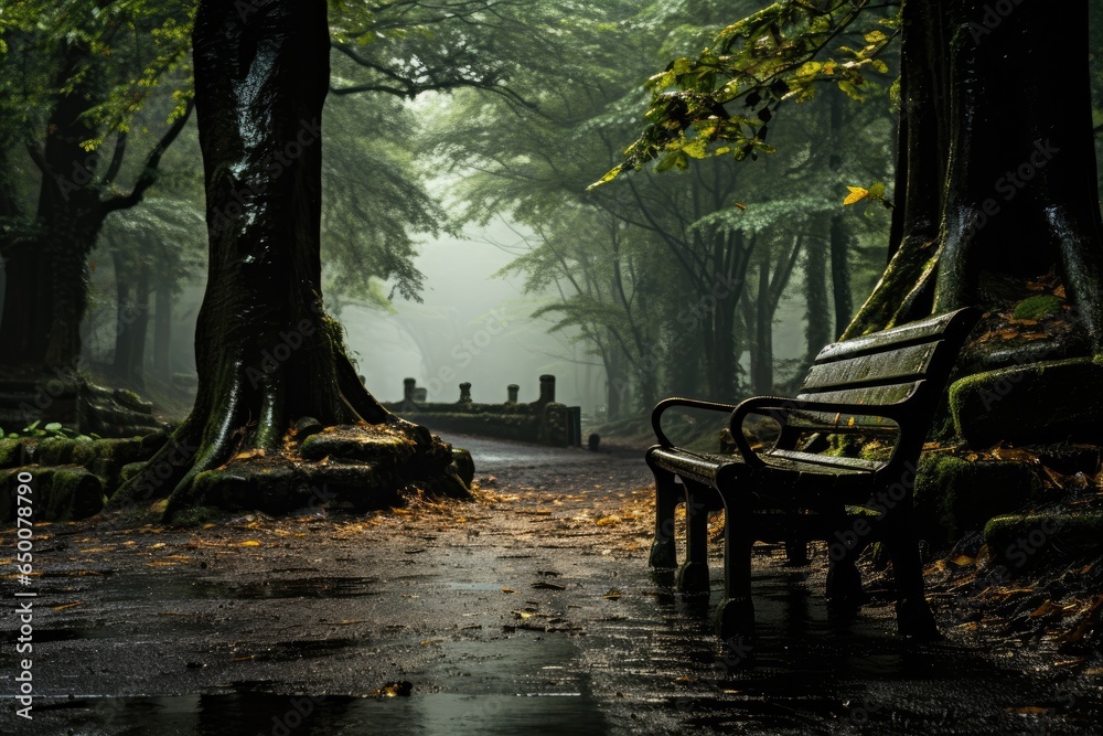 Empty Bench in forest after raining. Generative AI