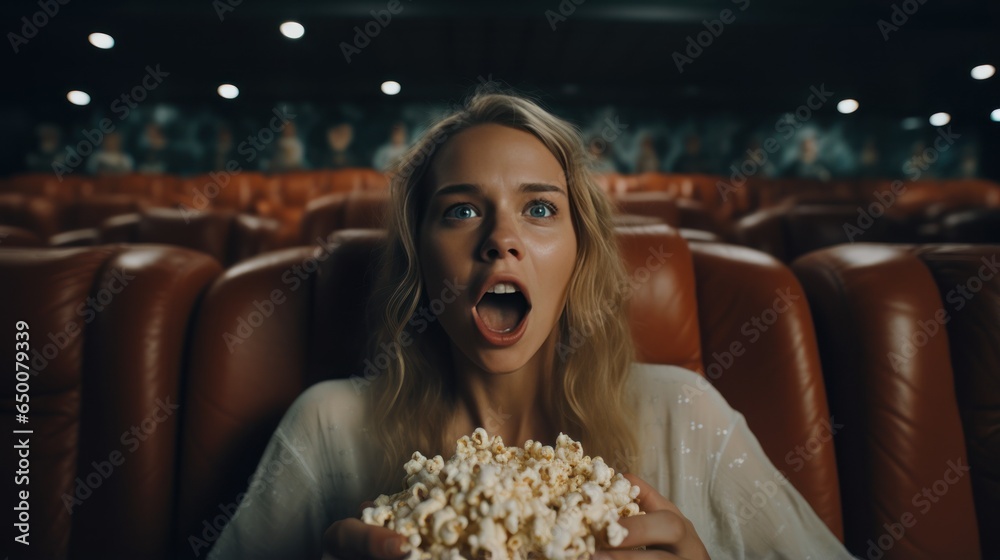 Woman with astonished and surprised look is watching a movie in a cinema.
