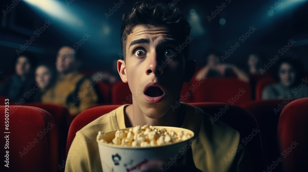 Boy with astonished and surprised look is watching a movie in a cinema.