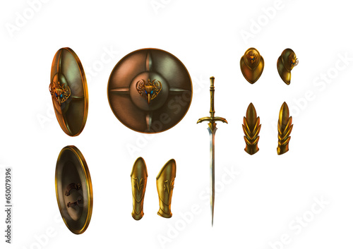 Fantasy Armor and weapon set . Freehand digital painting.