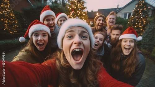 A group of people wearing santa hats taking a selfie