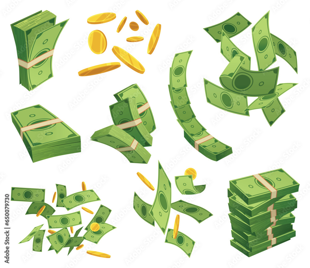 Cartoon money and coins icon set. Paper cash, bills fly. Keeping money in bank. Green banknotes wealth, accumulation and inheritance. Flat vector money illustration. Objects isolated on white