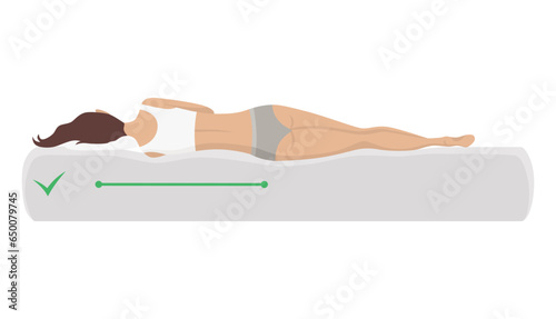 Correct sleeping body posture. Healthy sleeping position spine on orthopedic mattress and pillow. Caring for health of back, neck. Vector illustration