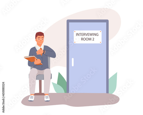 Man sitting near interviewing room and waiting for interview. Waiting for an interview. Work of human resources department. Flat vector illustration in cartoon style