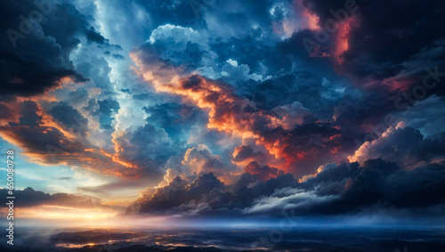 A majestic sky of swirling clouds, illuminated by a brilliant sunset.