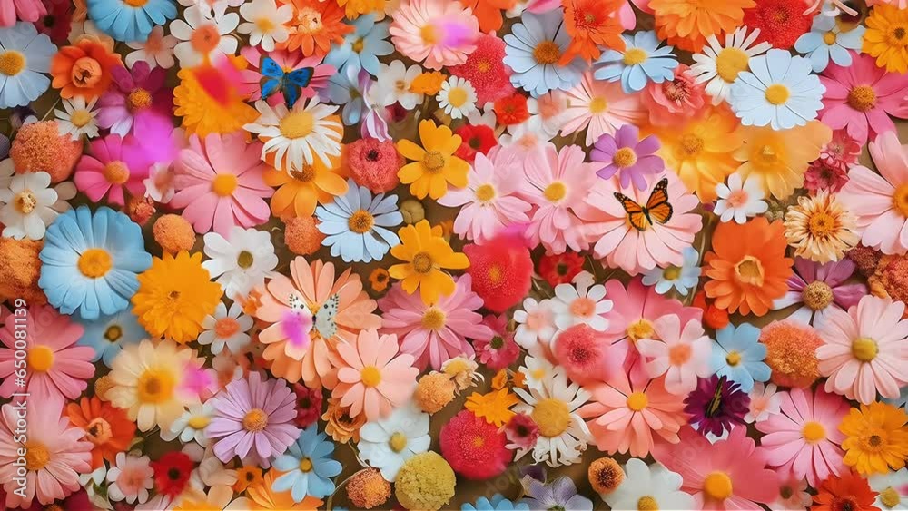 Top of view Colorful flowers with many butterflies looping scene animation 4k background. Eagle eye