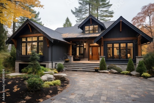 House exterior, light brown with black trims, beige stone work