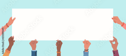 Diverse multiracial hands holding long blank banner. Hand drawn vector illustration isolated on blue background. Flat cartoon style.