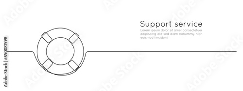 One continuous line drawing of Lifebuoy. Rescue belt and rubber ring with rope in simple linear style. Concept of support and help service. Editable stroke. Outline vector illustration