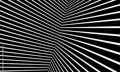 Black and white abstract art background with lines. Striped optical illusion with perspective.