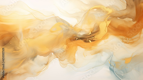Abstract clouds of golden ink swirling in crystal waters. AI generative