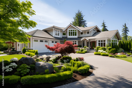 Summer suburban house in North America, luxury house with nice landscaping.