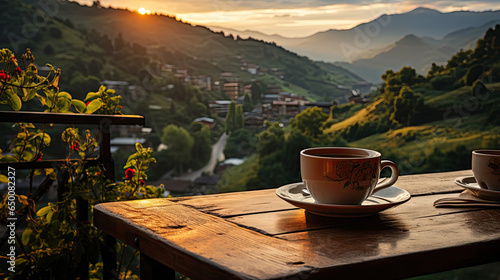 Morning Tea Cup Overlooking Mountain Landscape