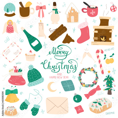 Merry Christmas and Happy New year set. Christmas tree, gifts, gingerbread in trendy style. Pack of cartoon characters and elements.