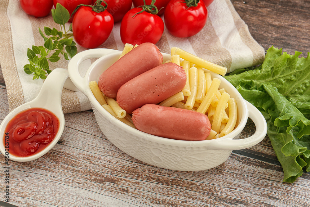 Mini sausages with pasta macheroni Mini sausages with pasta macheroni
