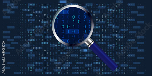 Exploring, Examining and scanning Binary Code with a Magnifying Glass. Code search template. Binary code backdrop with magnifier. Research and computing concept. Vector Illustration.