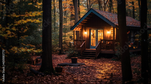 The best autumn and winter staycations to book. Cozy wooden cabin, cottage in night autumn forest. Cozy Autumn Retreats, relaxation and mindfulness fall holidays. Nature Retreats.