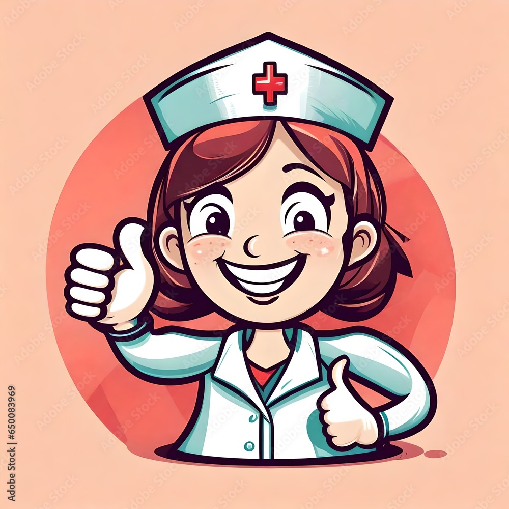 A cute happy cartoon illustration of a female nurse mascot doing a ...