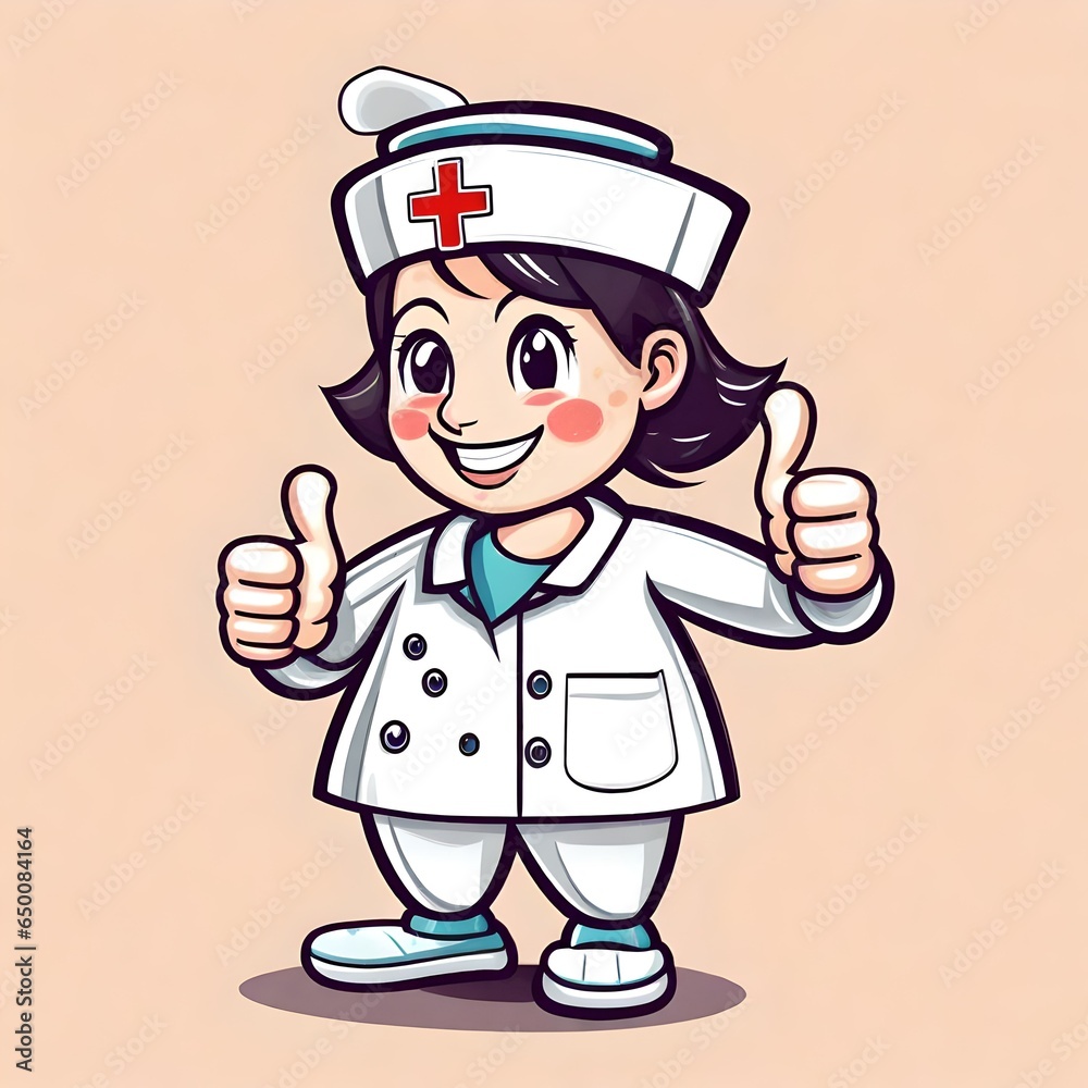 A cute happy cartoon illustration of a female nurse mascot doing a thumbs-up hand gesture. A cute happy cartoon illustration of a female nurse mascot doing a thumbs-up hand gesture.