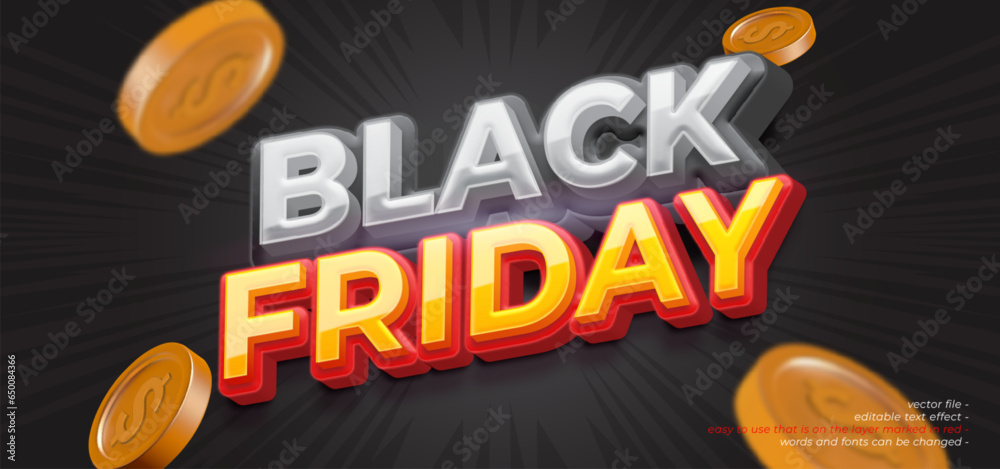 black friday 3d text effect background design template with flying icon coins