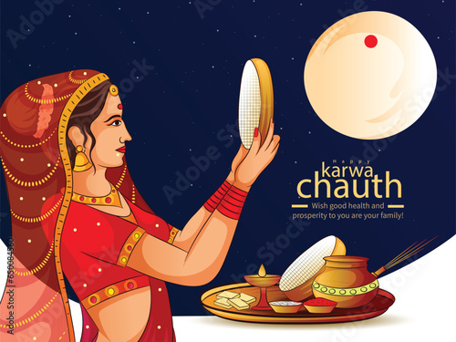 creative happy karwa chauth festival celebration illustration sketch with decorative moon and puja thali.
 photo
