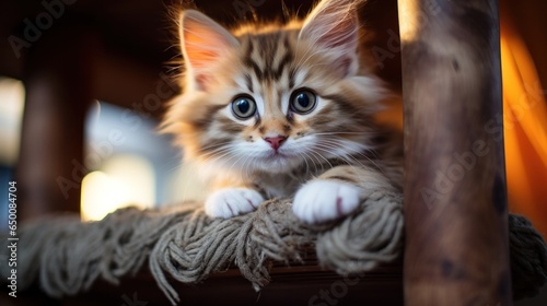 Cute kitten looking up on cat tower.