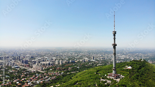 Almaty, Kazakhstan - 31.05.2020: Aerial view at Kok Tobe Tower and Almaty city, Kok Tobe telecommunication tower in Almaty