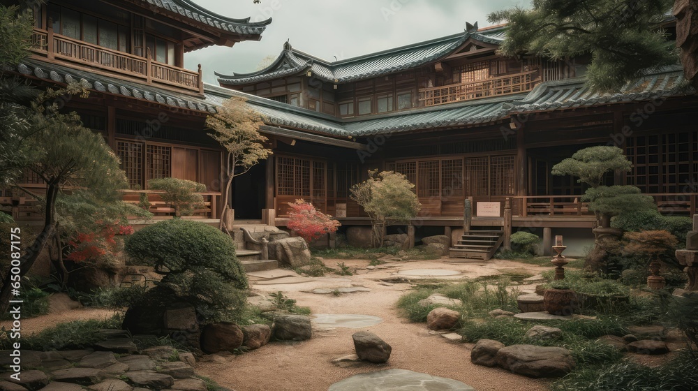 Fototapeta premium Beautiful traditional Japanese house exterior with a beautiful garden
