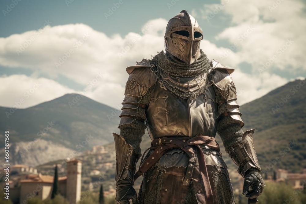 Portrait of a noble knight in gleaming armor standing proudly in front of a majestic castle towering in the distance Portrait of a noble knight in gleaming armor standing proudly in front of a majestic castle towering in the distance