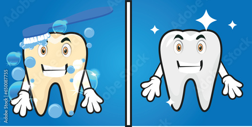Cute tooth character laughing happily. Steps to clean tooth stains. from unhealthy teeth to healthy teeth. Illustration for children. vector flat illustration