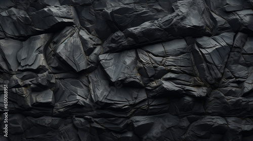 A seamless texture unveils a luxurious rough raw black lava rock background, capturing the essence of natural dragon stone or obsidian cave wall. photo