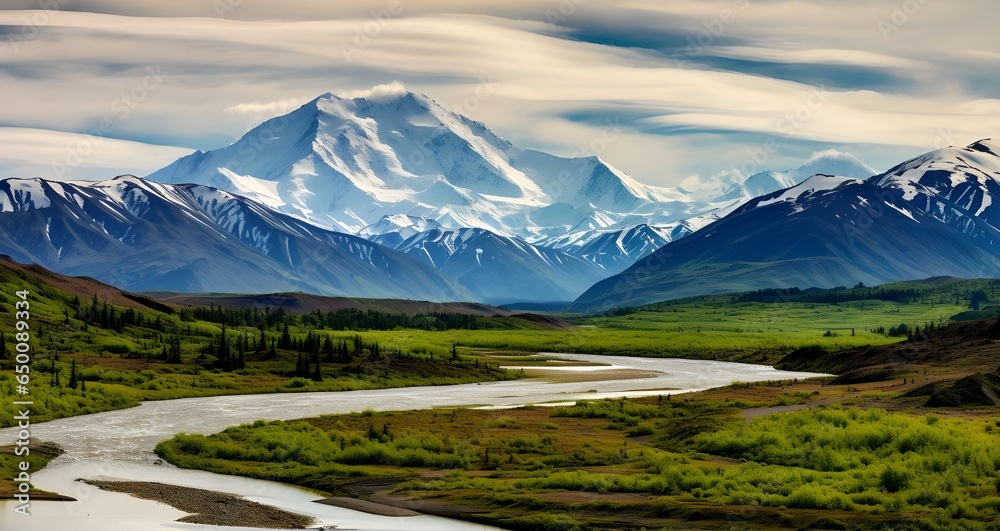 landscape with lake and mountains river, winter, mountains, alaska, forest, usa, HD wallpape