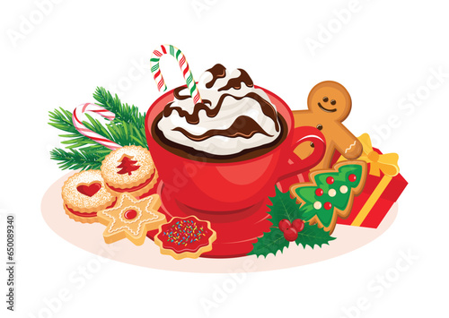 Cup of hot chocolate and christmas gingerbread cookies vector illustration. Christmas cocoa drink with candy cane, shortbread cookies and candies vector isolated on a white background