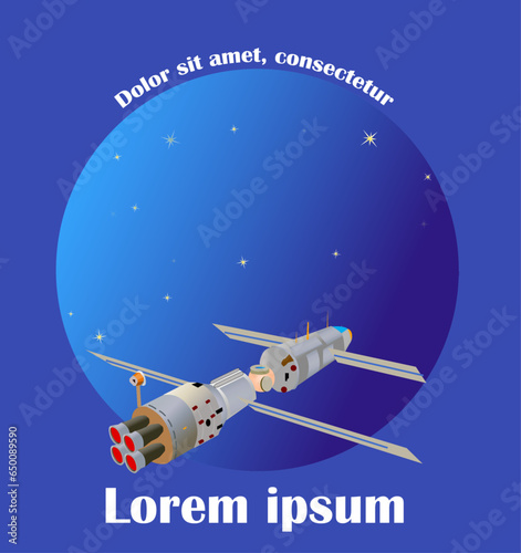 Icon and logo design of a cosmic station near one unknown planet . In the distance are seen the cosmic deep space. Vector illustration isolated on blue background.