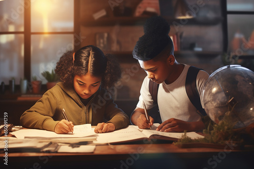 Two children do their school homework in home, kid day.