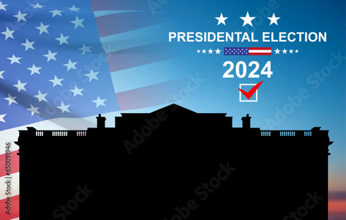 Presidental election 2024 banner with White House and USA flag against the sunset. EPS10 vector