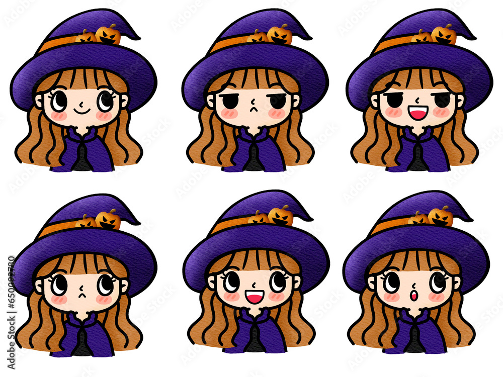 Witch cartoon drawing with different face - obrazy, fototapety, plakaty 