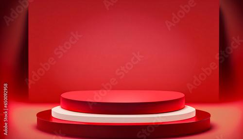 Red product stage podium on blue background.