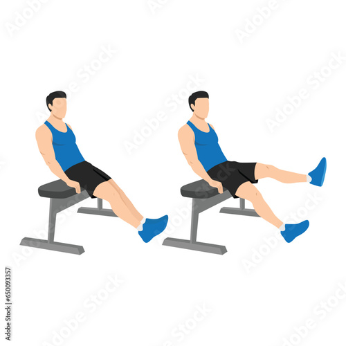 Man doing seated bench extended flutter kicks exercise. Flat vector illustration isolated on white background