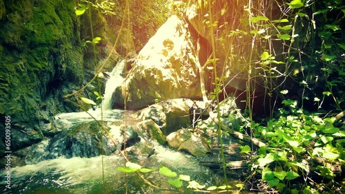 very beautiful waterfall with sunlight passing through the tree leaves in algeria photo