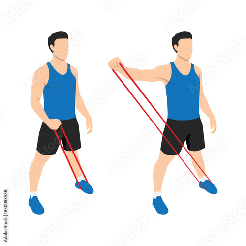 Man Doing Lateral Raise Home Workout Exercise with Thin Resistance Band Guidance. Flat vector illustration isolated on white background