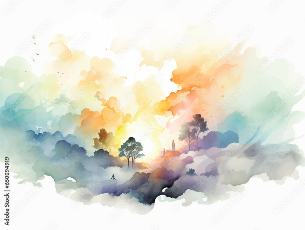 Obraz premium Watercolor illustration, religion, paradise landscape