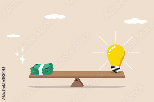 Expensive brilliant idea, brilliant idea value equivalent, valuable idea, business idea concept, big idea light bulb equivalent to expensive money on a seesaw.