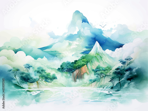 Watercolor illustration, religion, paradise landscape