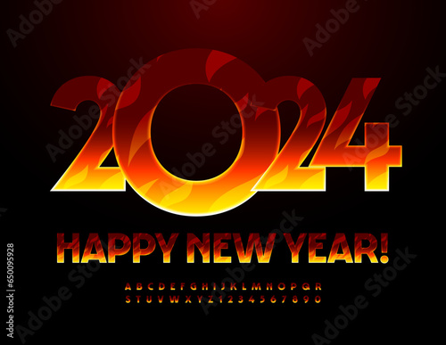 Vector flaming Greeting Card Happy New Year 2024! Font with Fire blazing pattern. Hot set of creative Alphabet Letters and Numbers