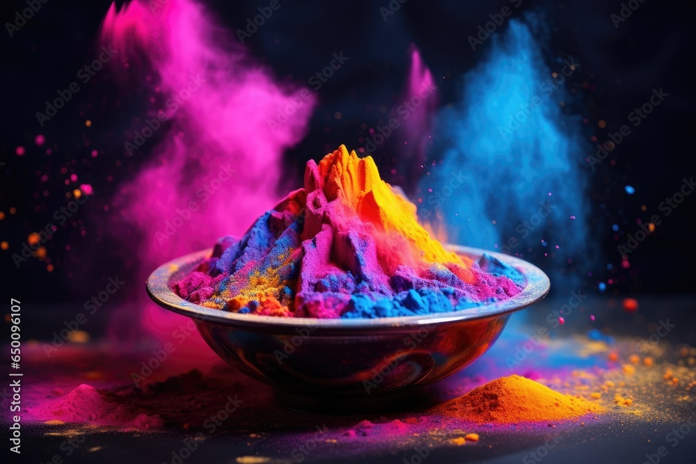 Colorful holi powder in bowl on black background. Indian festival Holi, Colorful holi powder in bowl on dark background, panoramic shot, AI Generated Colorful holi powder in bowl on black background. Indian festival Holi, Colorful holi powder in bowl on dark background, panoramic shot, AI Generated