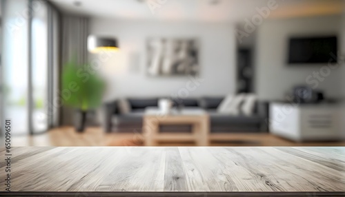 white empty Wood table with blurred modern apartment interior living room background, room with table and chairs
