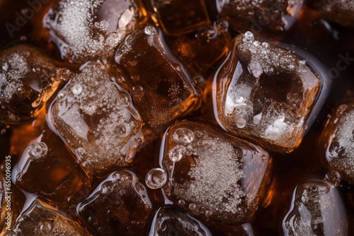 a macro image of a texture of ice cubes with brown alcoholic beverage or soft drink with water drops. Close-up. filling the frame.